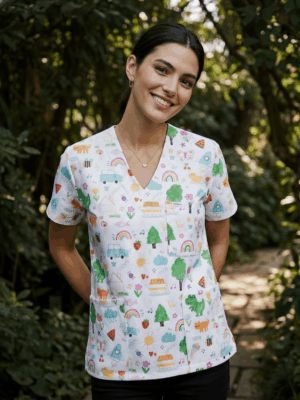 Pre-School Doodles White Scrub Top