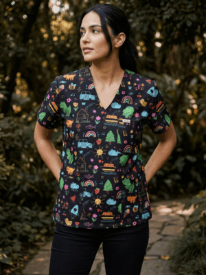 Pre-School Doodles Black Scrub Top